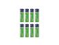 Osem zelených a modrých nabíjateľných AA batérií TRONIC, 2500 mAh, usporiadaných v dvoch radoch.