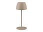 Prenosná béžová stolová lampa s kónickým tienidlom a okrúhlou základňou.