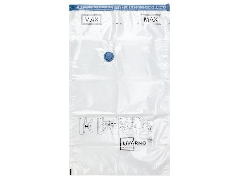 Priehľadný vákuový obal s značkou Livarno Home a pokynmi na použitie.