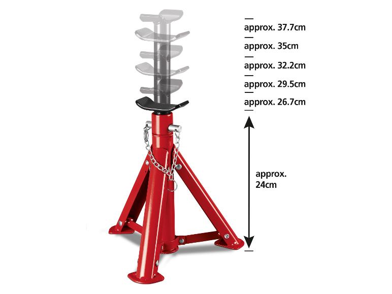 Červený podperný stojan s nastaviteľnou výškou od cca 24 cm do cca 37,7 cm.