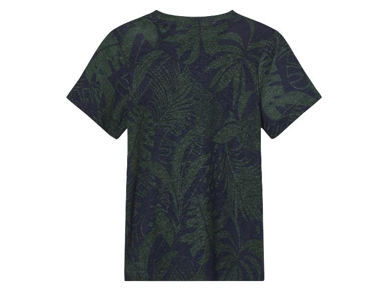 Krátke tričko s tropickou potlačou v zelenej a tmavomodrej farbe.