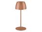 Medená stolová lampa s okrúhlou základňou a kónickým tienidlom.