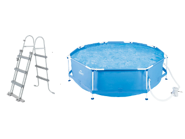 CRIVIT Bazén s kovovým rámom, 300 x 76 cm + Bazénový rebrík, 107 cm