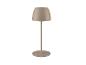 Béžová stolová lampa s kónickým tienidlom a okrúhlou základňou.
