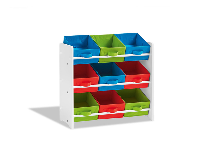Biely regálový systém s farebnými úložnými boxami.