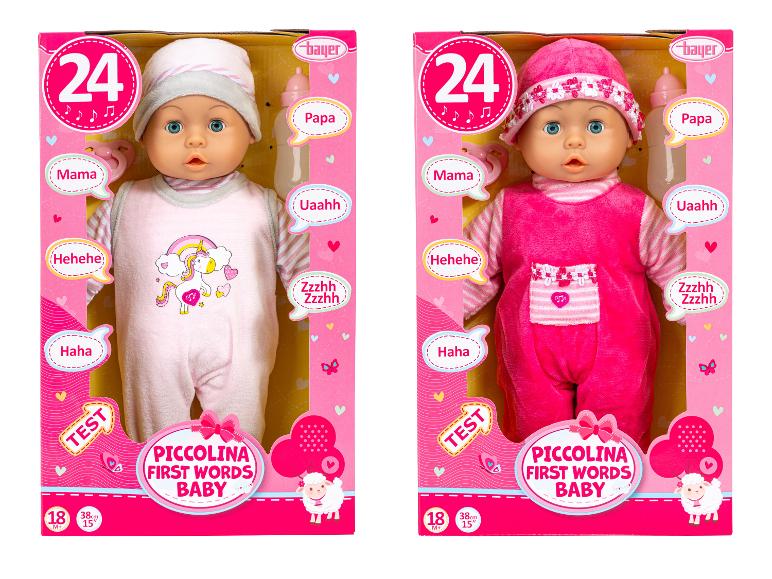 Dve bábiky Piccolina First Words Baby v ružovom a ružovom obale.