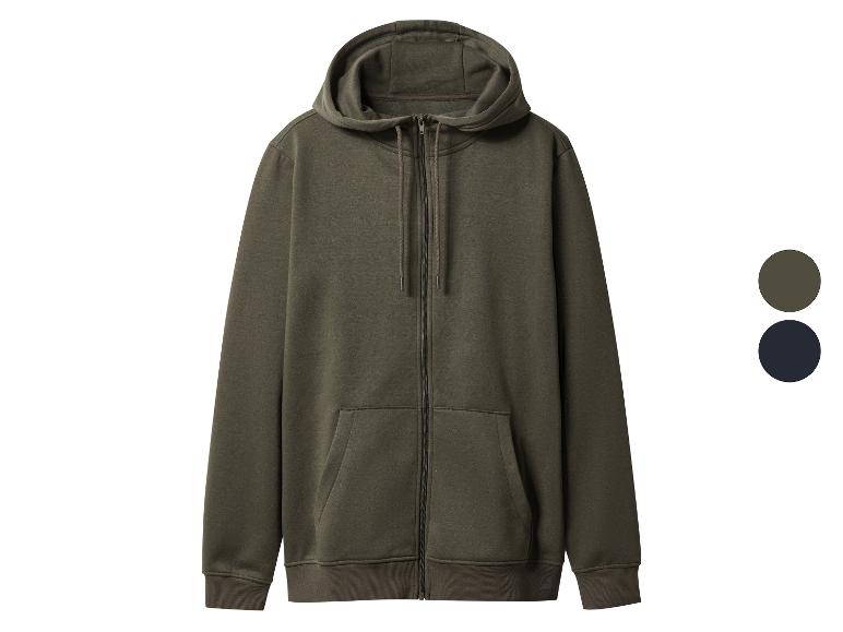 Olivovo zelená mikina na zips s kapucňou, s dvoma farebnými možnosťami.