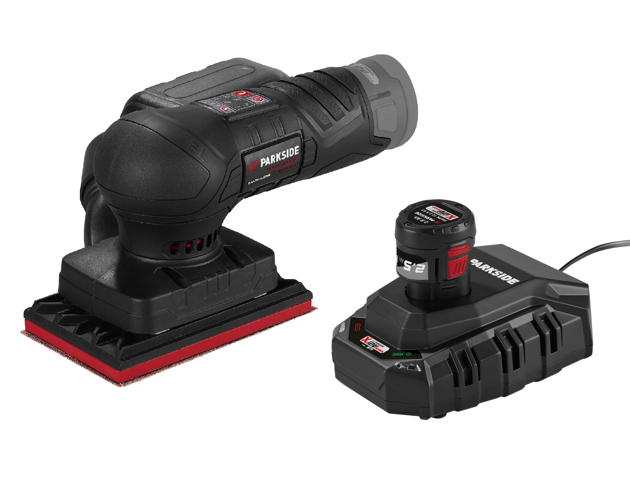 PARKSIDE PERFORMANCE®  Aku vibračná brúska 12 V PASSP 12-Li A1 + Akumulátor 12 V/2,5 Ah PAPK 12 2.5 B1 + Nabíjačka 6 A PLGK 12 6.0 B1
