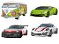 Štyri 3D puzzle áut: VW autobus, zelené Lamborghini a dve Porsche.