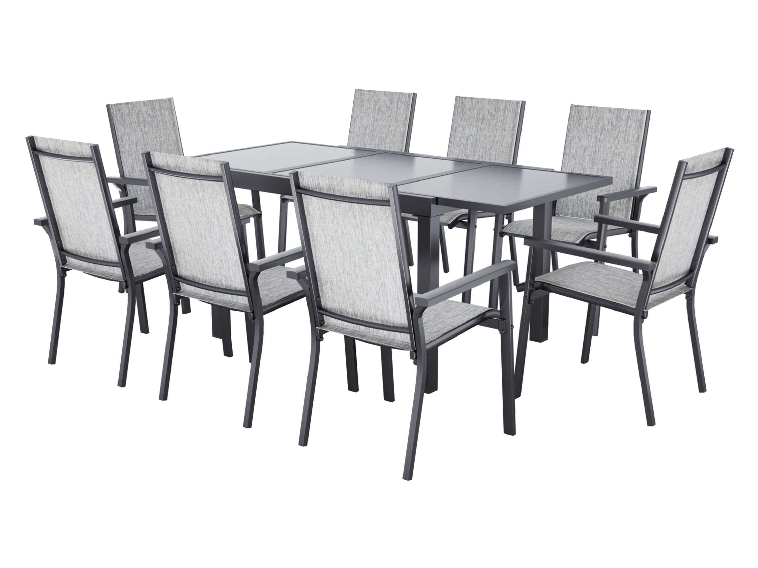 E-shop LIVARNO® Hliníkové stohovateľné kreslo Houston, 8 kusov, svetlosivá + Hliníkový rozťahovací záhradný stôl Houston/Toronto