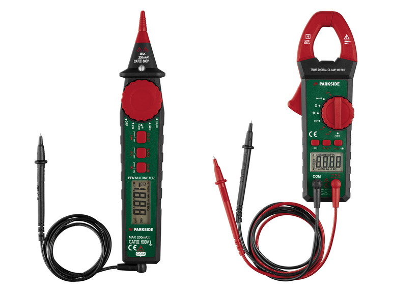 Dva digitálne multimetre Parkside: pero multimeter a kliešťový multimeter.