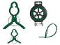Sada záhradného príslušenstva: zelené klipy na rastliny, záhradný drôt na cievke s rezačkou a sťahovacie pásky.