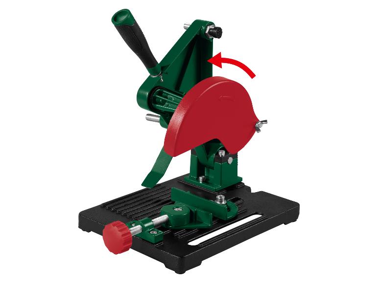Stojan na uhlovú brúsku v zelenej a čiernej farbe s červeným krytom a nastavovacím gombíkom.