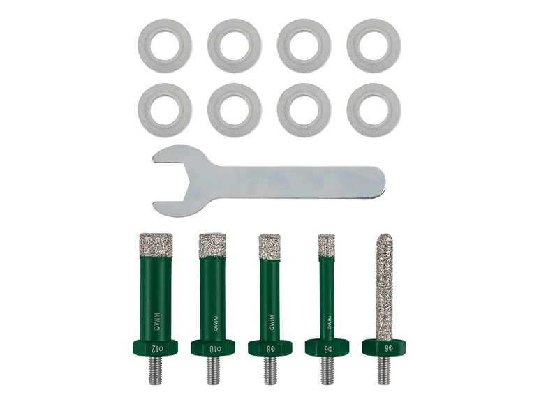 Sada šiestich diamantových vrtákov, kľúča a krúžkov.