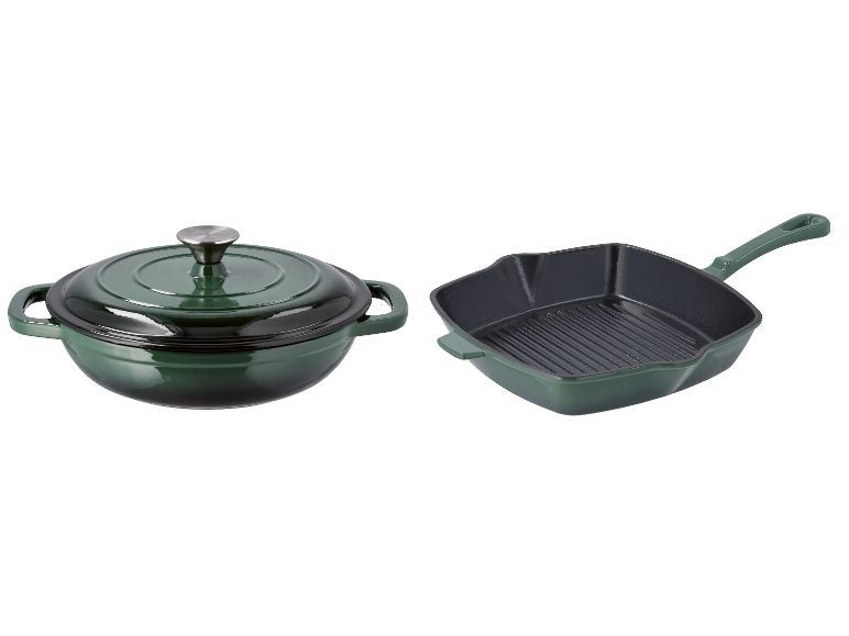 SILVERCREST® Liatinová servírovacia panvica, 2,4 l, zelená + Liatinová grilovacia panvica, 24 cm, zelená