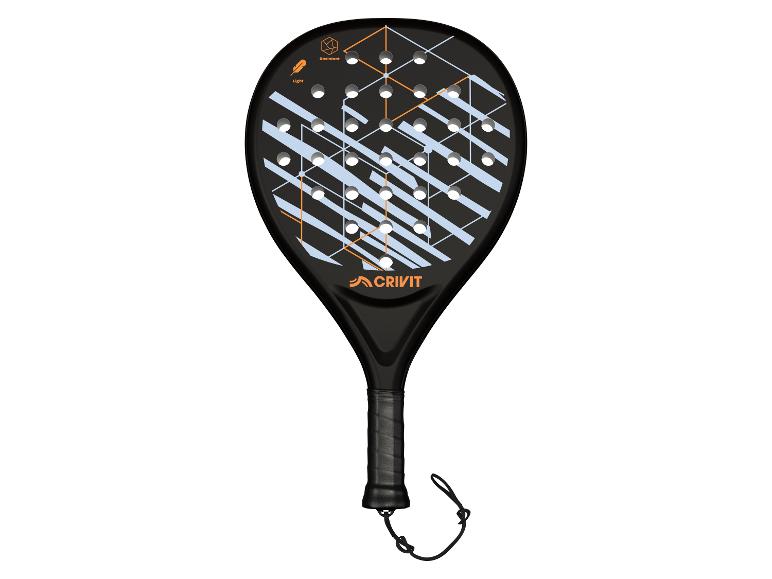 Čierna padel raketa s oranžovým a modrým geometrickým dizajnom, s textom „Resistant“ a „Light“.