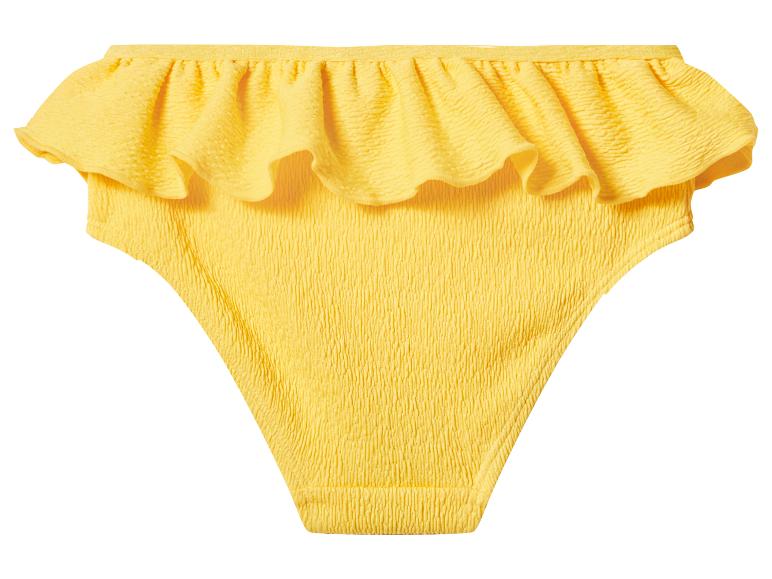 Žlté bikinové nohavičky s volánmi a textúrovanou látkou.