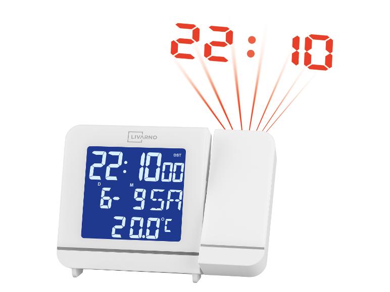 Budík LIVARNO s projektorom zobrazujúci čas 22:10 a teplotu 20.0°C