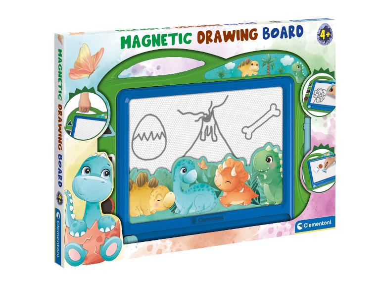 Magnetická kresliaca tabuľa s motívom dinosaurov od Clementoni, odporúčaná pre 4+ rokov.