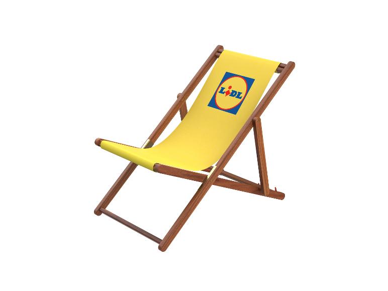 Žlté plážové ležadlo s logom na operadle, šikmý pohľad.