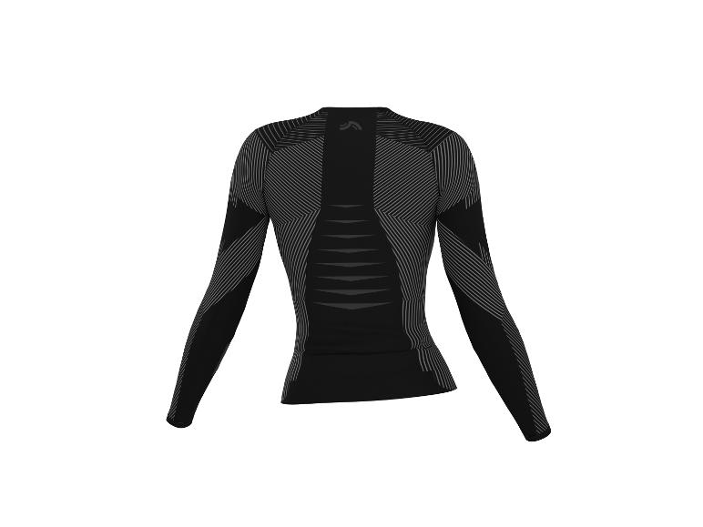 Čierne tričko s dlhým rukávom so sivými pruhmi a geometrickými vzormi.