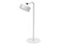 Biela moderná stojacia lampa s kovovou základňou a hlavou s tlačidlom napájania.