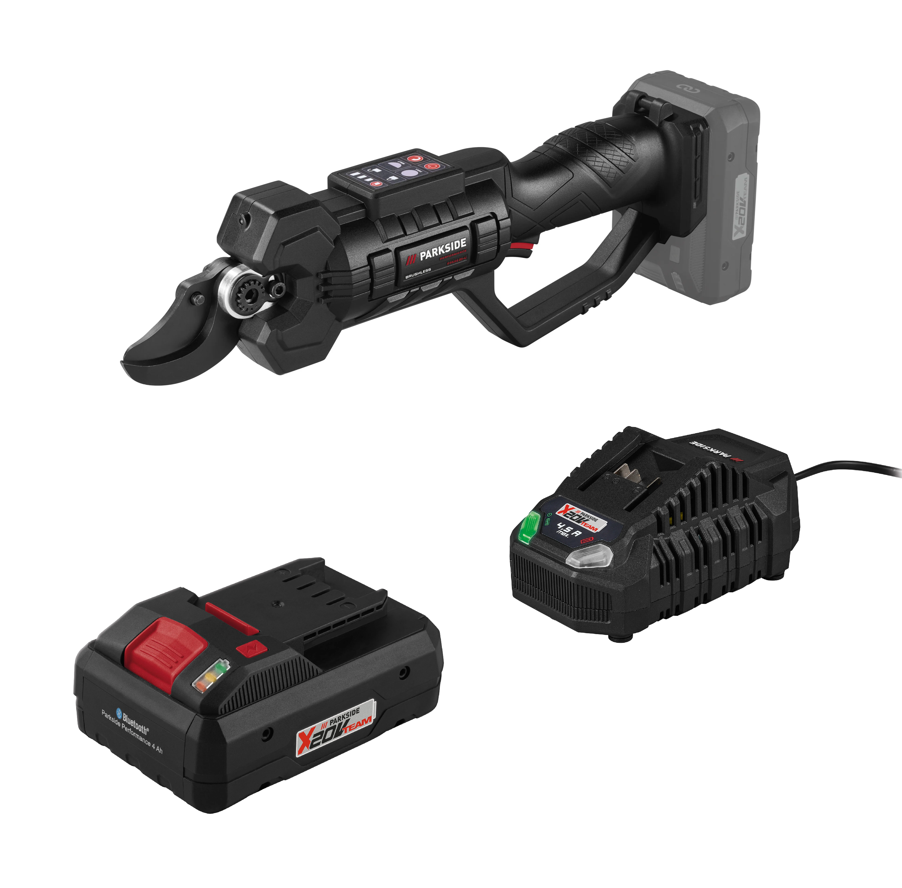 PARKSIDE PERFORMANCE® Aku nožnice na konáre 20 V/4 Ah PPAAS 20-Li A1 + Smart akumulátor 20 V/4 Ah + Rýchlonabíjačka akumulátora 20 V/4,5 A
