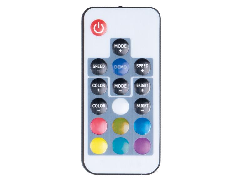 Biely diaľkový ovládač s čiernymi a farebnými tlačidlami na ovládanie svetla.