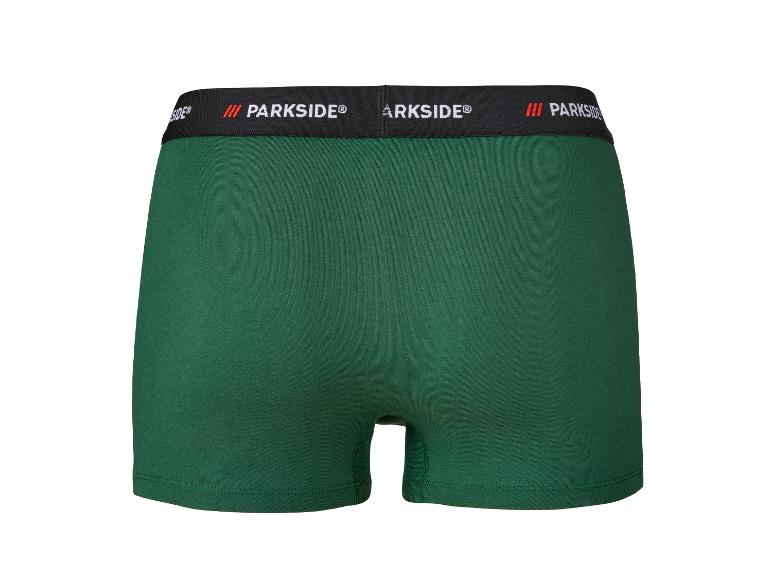 Zelené boxerky s čiernym elastickým pásom, bielym textom 'PARKSIDE®' a červenou značkou.