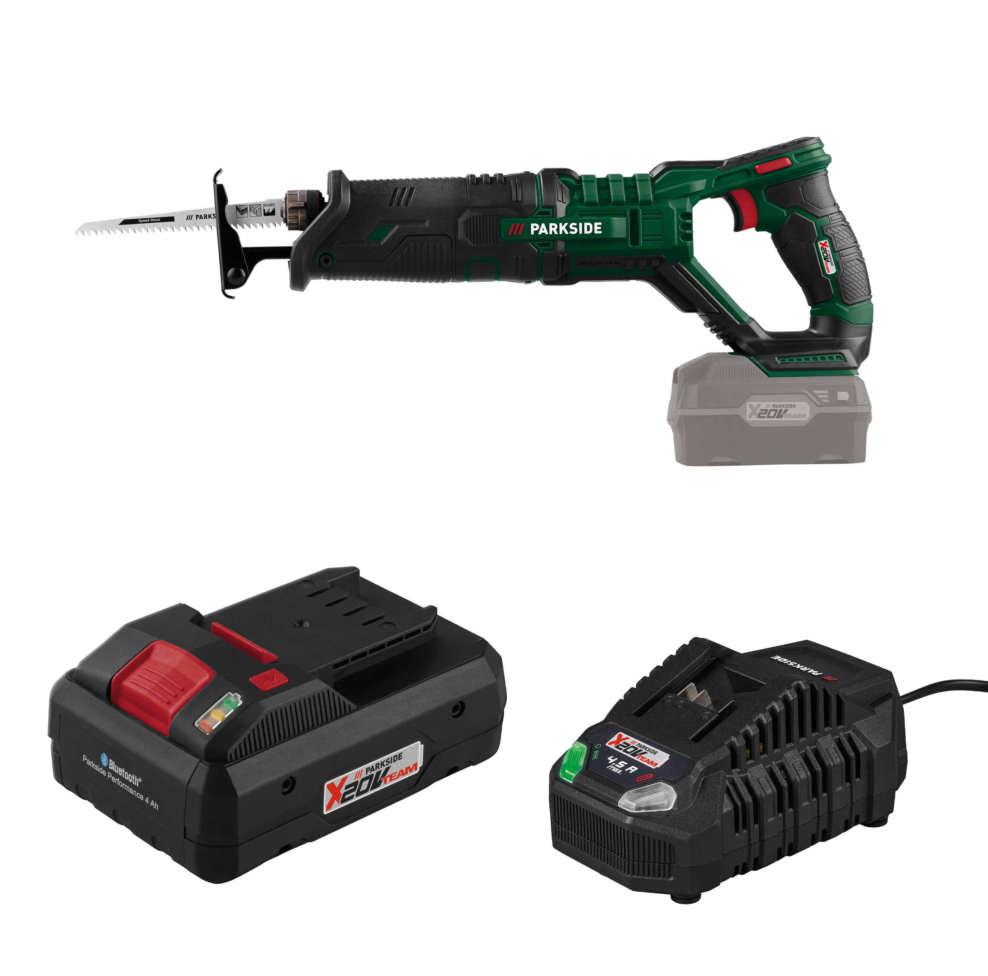 PARKSIDE® Aku chvostová píla 20 V PSSA 20-Li B2 + Smart akumulátor 20 V/4 Ah + Rýchlonabíjačka akumulátora 20 V/4,5 A