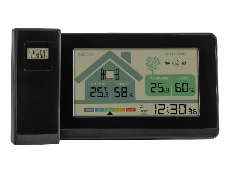 Digitálny termo-vlhkomer s displejom zobrazujúcim vnútornú a vonkajšiu teplotu, vlhkosť a čas.