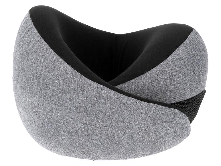 Sivý a čierny cestovný vankúš s ergonomickým tvarom pre oporu krku