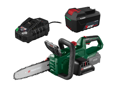 PARKSIDE® Aku reťazová píla 20 V PAKS F5 + Akumulátor 20 V/4 Ah PAP 204 A1 + Rýchlonabíjačka akumulátora 20 V/4,5 A PLG 20 C3
