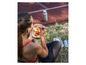 Žena je na atletickej dráhe a jedí ovocie z lunchboxu.