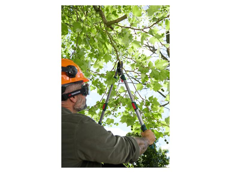 Muž s ochrannou prilbou a okuliarmi prerezáva strom teleskopickými nožnicami Parkside.