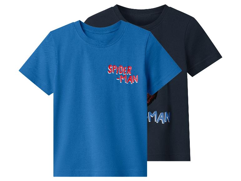 Dve detské tričká s krátkym rukávom, jedno modré s nápisom 'SPIDER-MAN' a jedno čierne s 'MAN'.