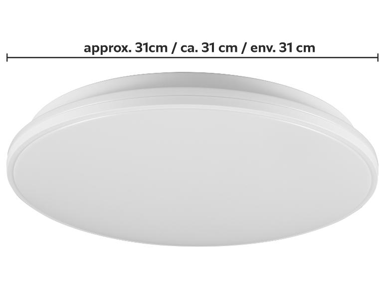 Biele okrúhle LED stropné svietidlo s priemerom cca 31 cm.
