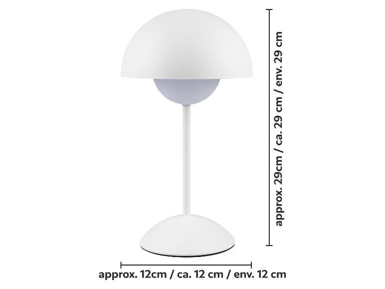 Biela stolová lampa s kupolovitým tienidlom, zobrazujúca rozmery 29 cm výšky a 12 cm základne.