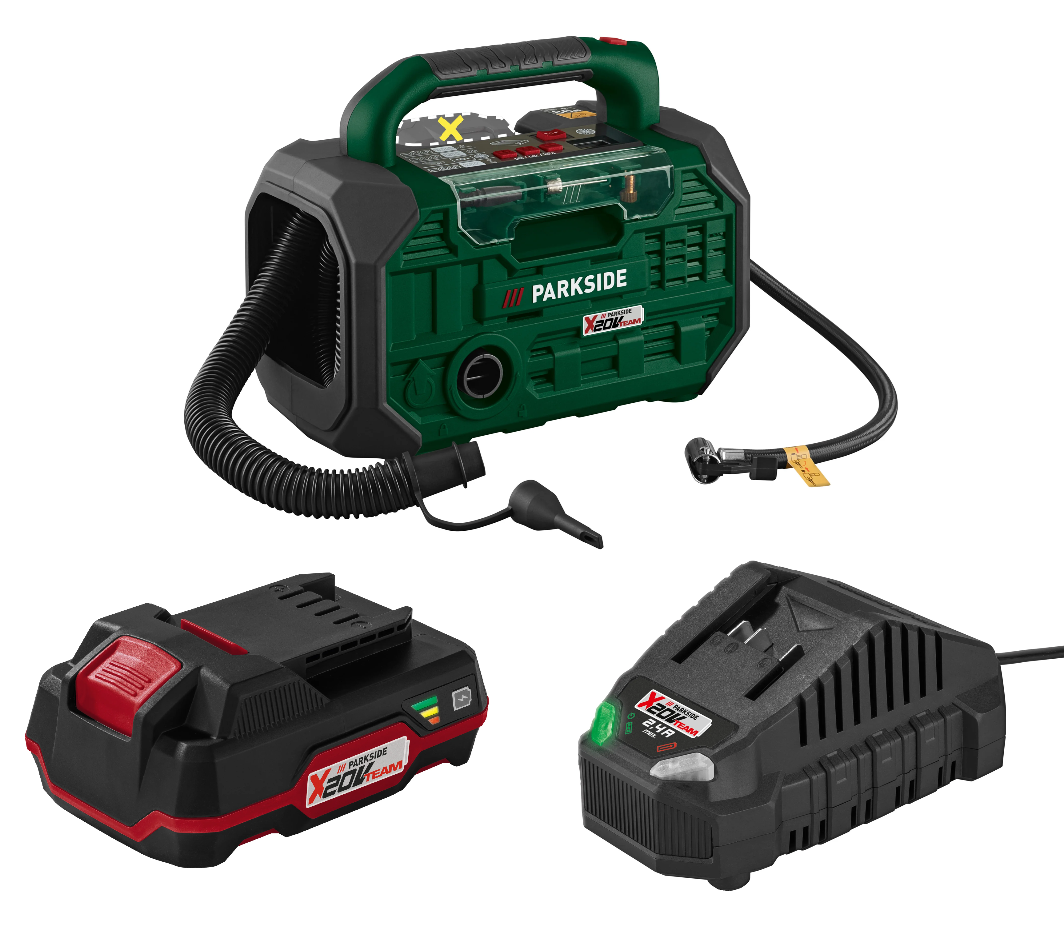 E-shop PARKSIDE® Aku kompresor a pumpa 20 V PKA 20-Li C3 + Akumulátor 20 V/2 Ah PAP 20 B1 + Nabíjačka na akumulátor 20 V/2,4 A PLG 20 C1