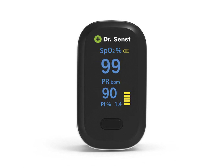 Prstový pulzný oximeter Dr. Senst merajúci saturáciu kyslíka, srdcovú frekvenciu a perfúzny index.