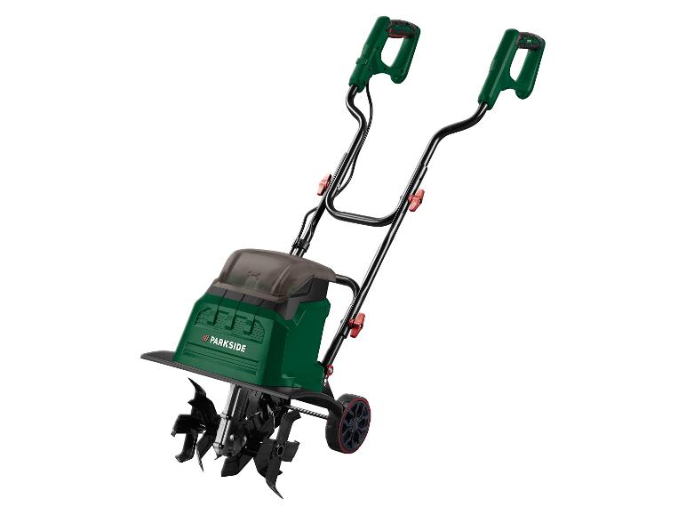 Zelený elektrický kultivátor Parkside s čiernymi rukoväťami a kolesami
