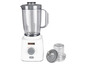 Biely mixér Kenwood s  sklenenou nádobou a menším mixovacím pohárom.