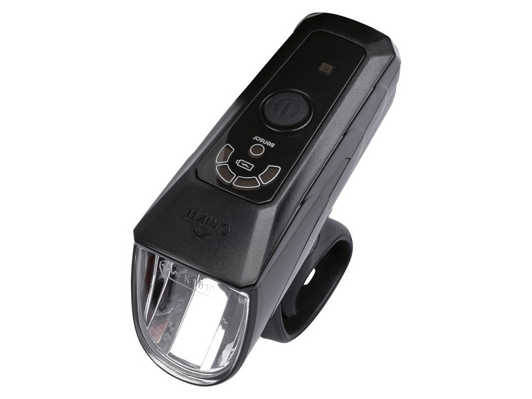 Čierna cyklistická lampa Crivit s LED osvetlením a LCD displejom.