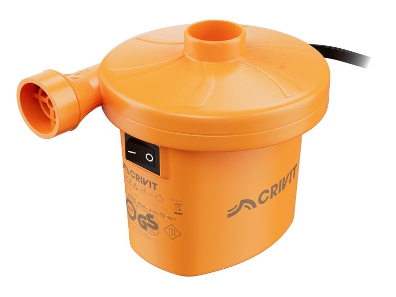 Oranžová elektrická vzduchová pumpa s čiernym vypínačom a napájacím káblom.