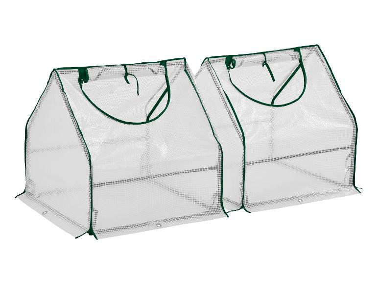 Dva priehľadné záhradné skleníky so zeleným rámom