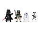 Štyri figúrky Star Wars: Darth Vader, Boba Fett, R2-D2 a Stormtrooper.