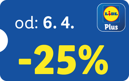 Modrý štítok s bielym textom „od: 6. 4.“ a žltým textom „-25%“.
