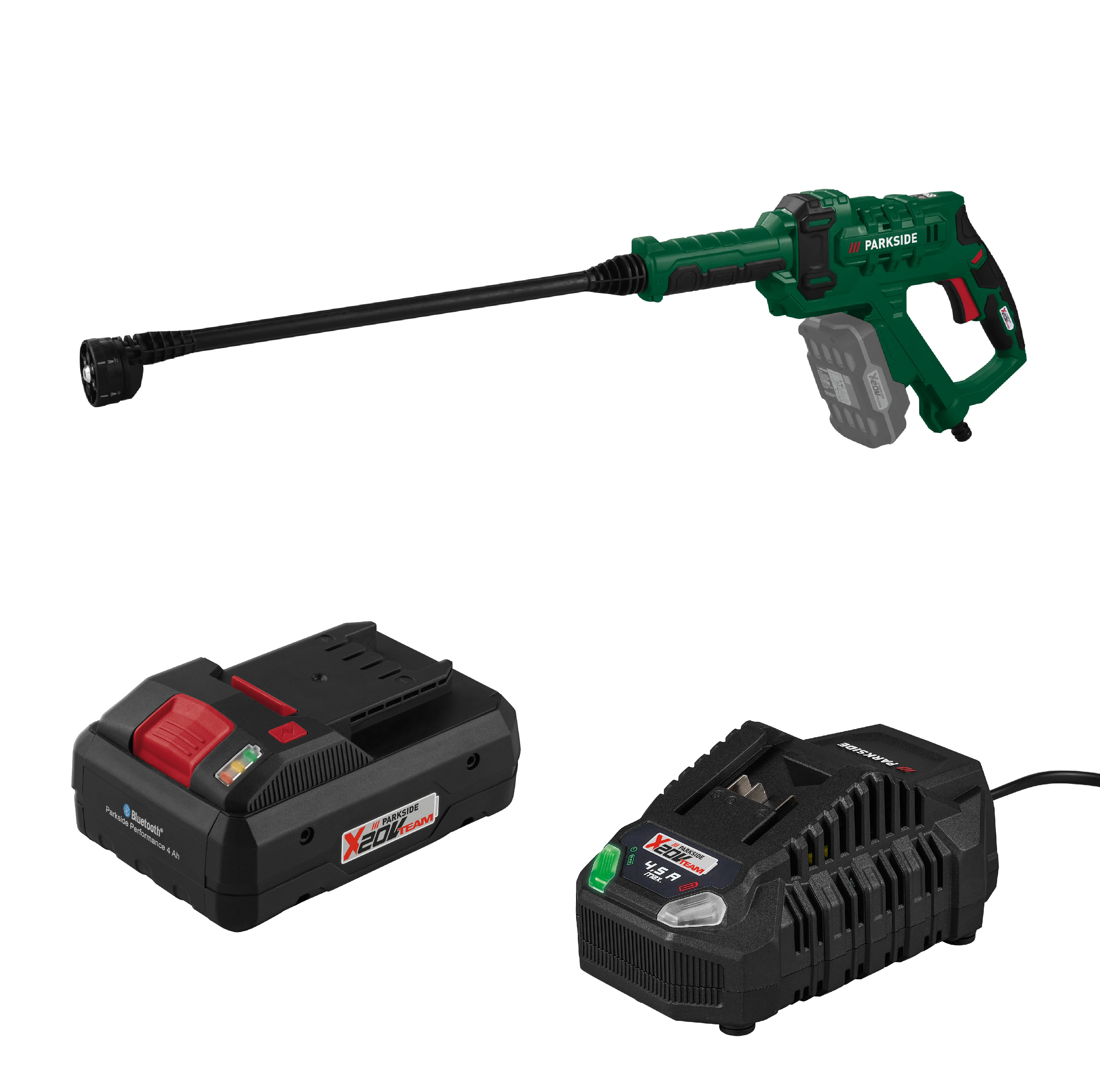 PARKSIDE® Aku tlakový čistič 20 V PDRA 20-Li D4 + Smart akumulátor 20 V/4 Ah + Rýchlonabíjačka akumulátora 20 V/4,5 A