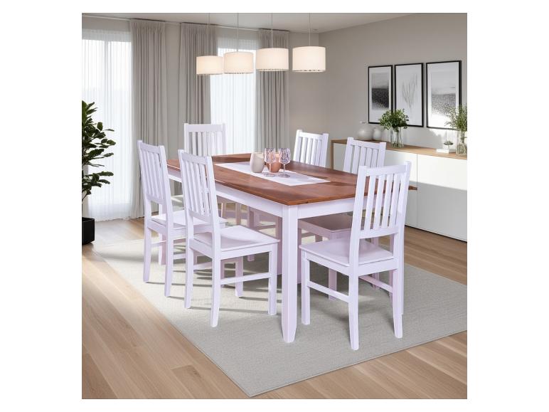 Jedálenská súprava: stôl a šesť bielych stoličiek.