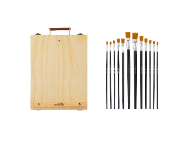 crelando® Stolový maliarsky stojan v kufríku + Súprava plochých nylonových štetcov, 12-dielna